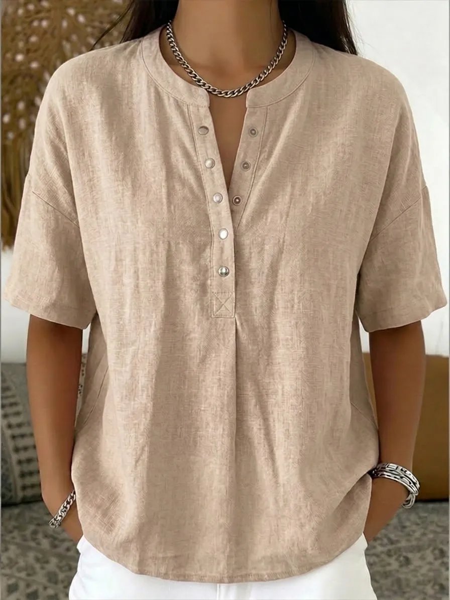 New Arrivals Women’s Casual Henley Collar Linen And Cotton Short-sleeve Shirt