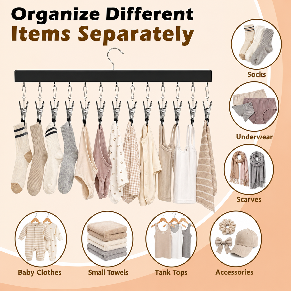 HOT SALE NOW! Wooden Clothing Organizer Hanger with 12 Stainless Steel Clips