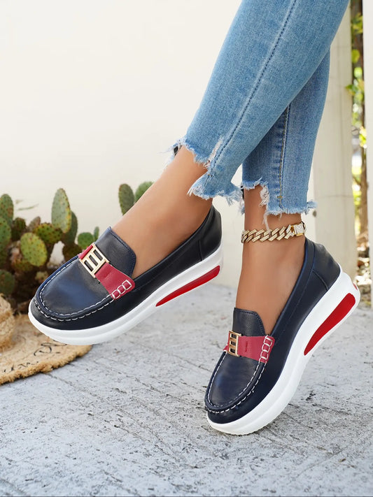 Women's Faux Leather Loafers – Round Toe, Chunky Sole, Slip-On