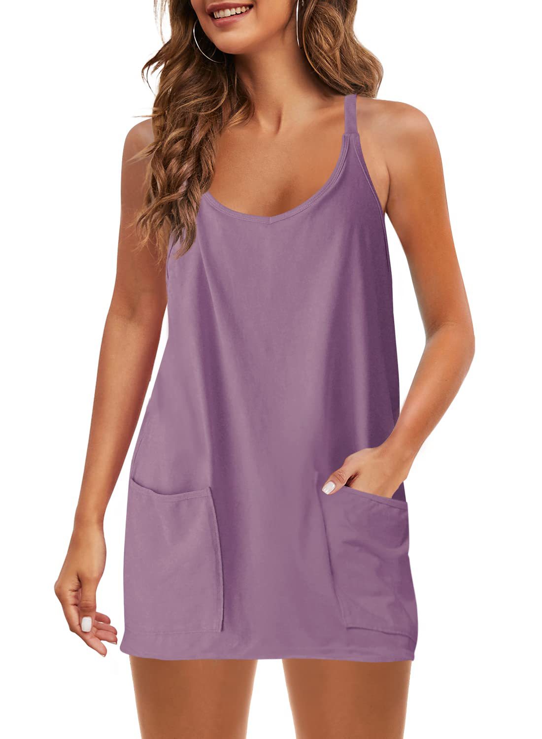 Women's Sleeveless Sports Dress - Athletic V-Neck Spaghetti Strap Mini Sundress