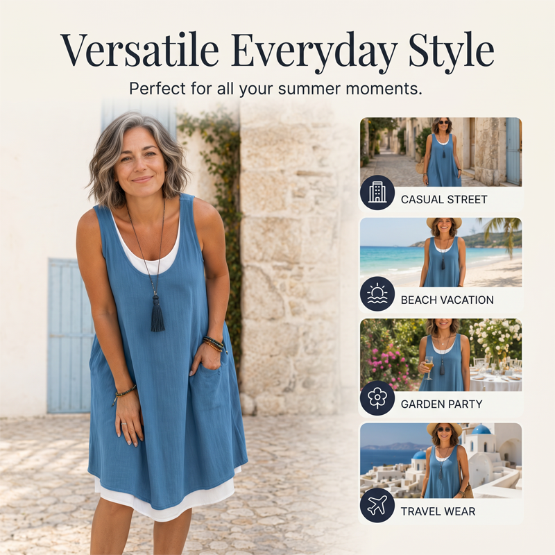 Last Day Sale 50% OffWomen's Casual Loose Sleeveless Fake Two Piece Tank Dress