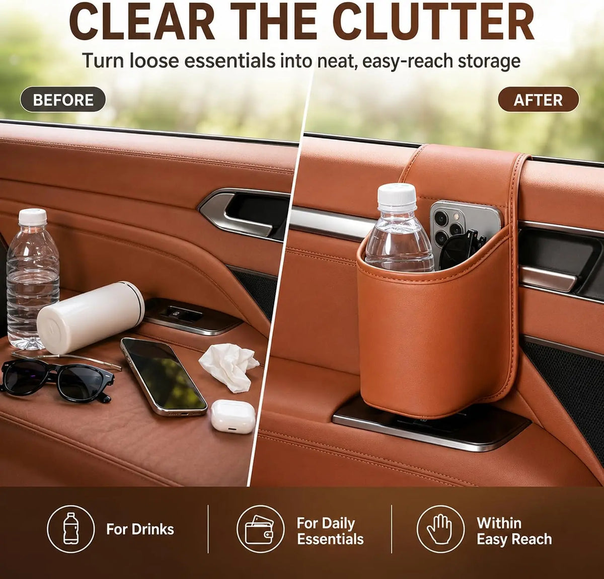 Leather Car Door Storage Pocket - Double‑Layer Compartments