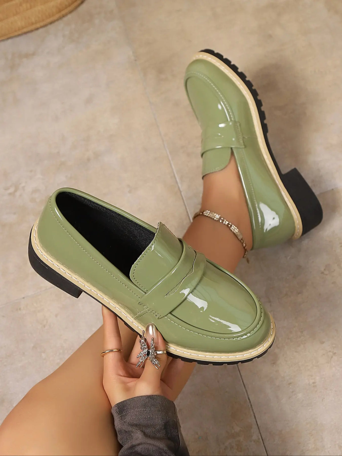 Women's Faux Leather Loafers – Pointed Toe, Chunky Sole, Low Heel