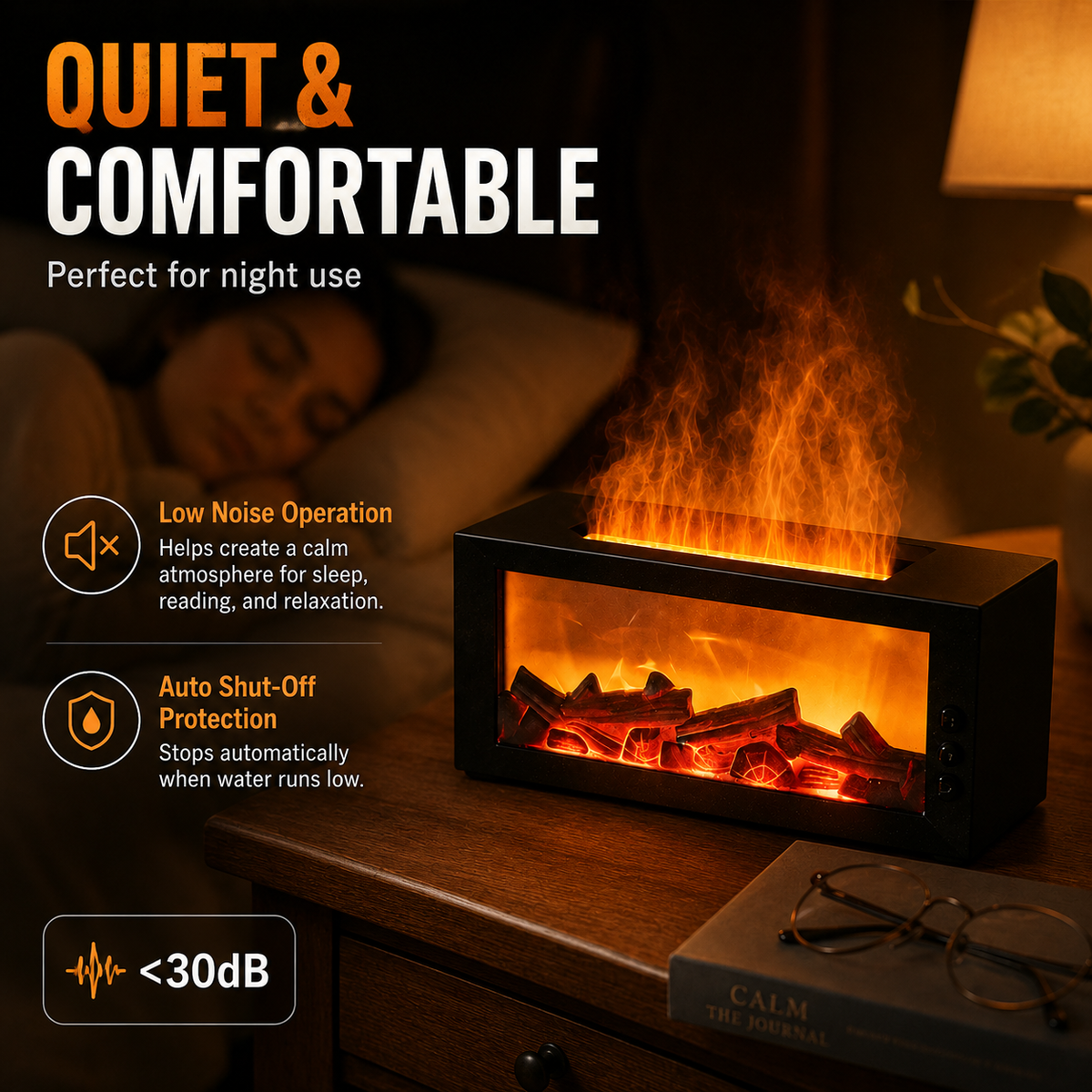Dance with Flames. Sleep in Serenity— Fireplace Flame Humidifier