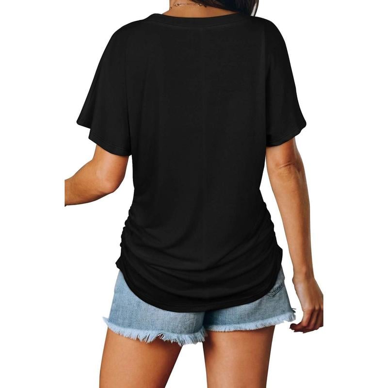 Womens Short Sleeve V Neck Dolman Tops with Side Shirring Loose Fit Shirts