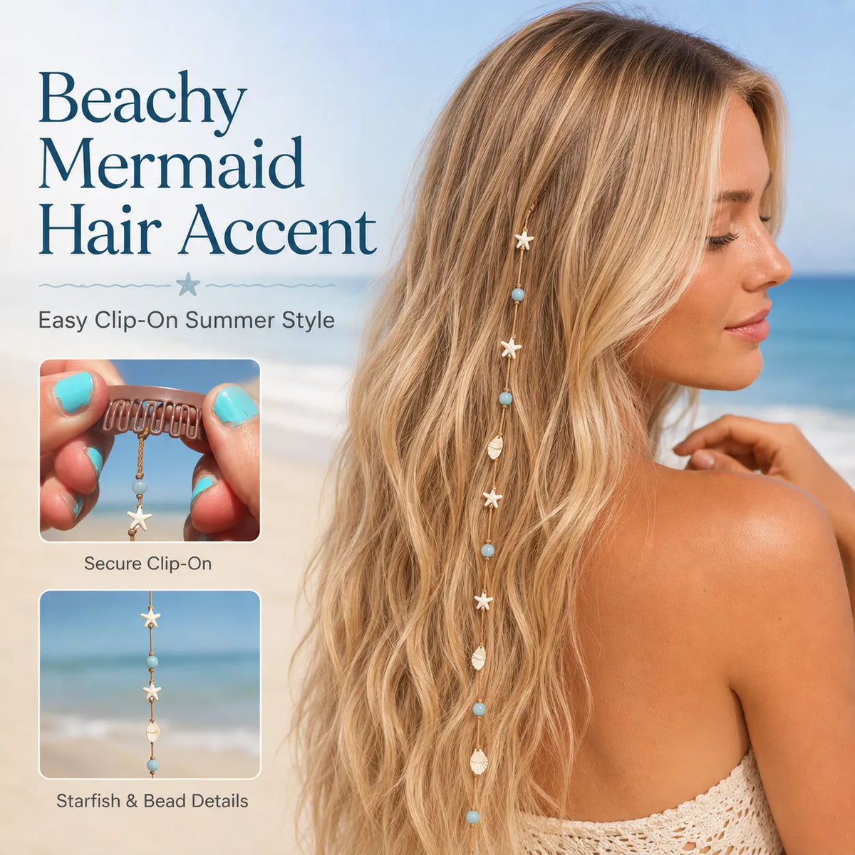 Beachy Mermaid Hair Accent Clip (Featuring blue bead accents, starfish, and shell charms)