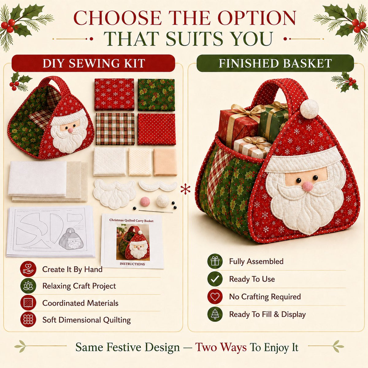 Christmas Quilted Carry Basket – DIY Sewing Kit & Finished Basket