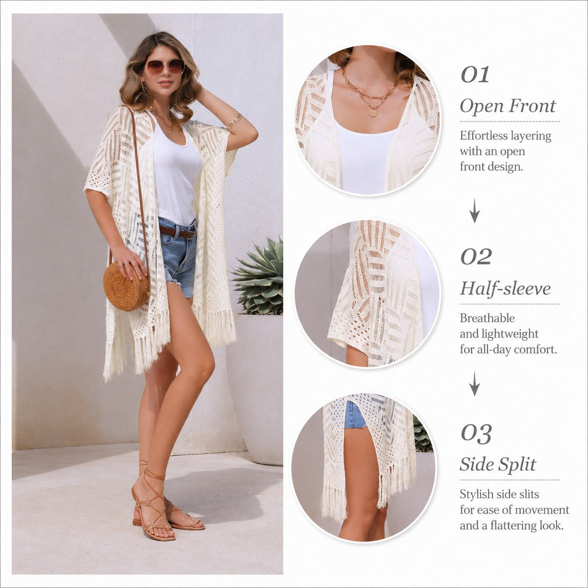 2026 Women’s Lightweight Knit Cardigan – Oversized Open Front, Hollow-Out Crochet Tassel Kimono Sweater for Spring & Summer