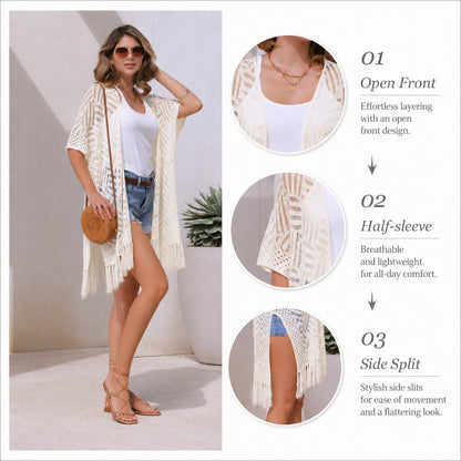 2026 Women’s Lightweight Knit Cardigan – Oversized Open Front, Hollow-Out Crochet Tassel Kimono Sweater for Spring & Summer