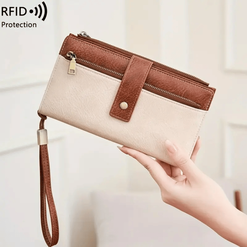 Women's long wallet, stylish clutch, elegant solid color RFID blocking leather wallet