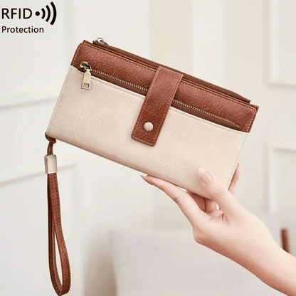 Women's long wallet, stylish clutch, elegant solid color RFID blocking leather wallet