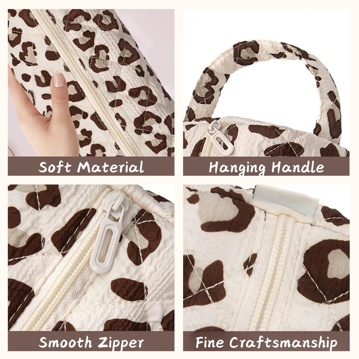 Quilted Multi‑Purpose Storage Bag, Portable Zipper Cosmetic Makeup Pouch with Handle