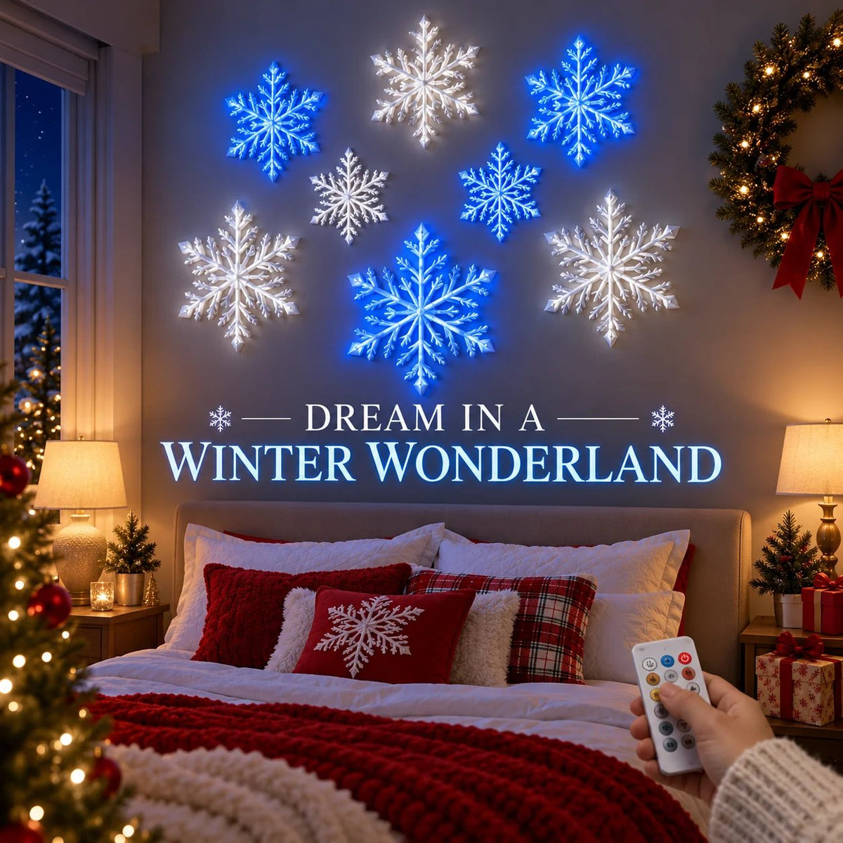 LED Snowflake Wall Lights | 3D Christmas Snowflake Décor with Blue & White Glow, Remote Control & Magical Indoor Holiday Atmosphere