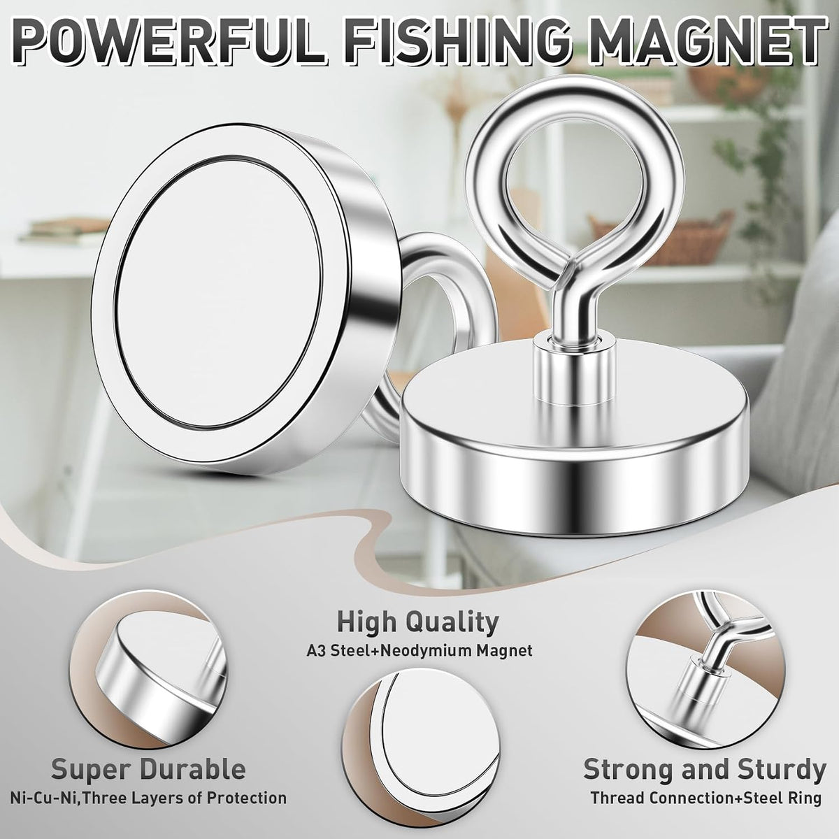 350 LBS Heavy Duty Fishing Magnet, Magnet with Countersunk Eyebolt