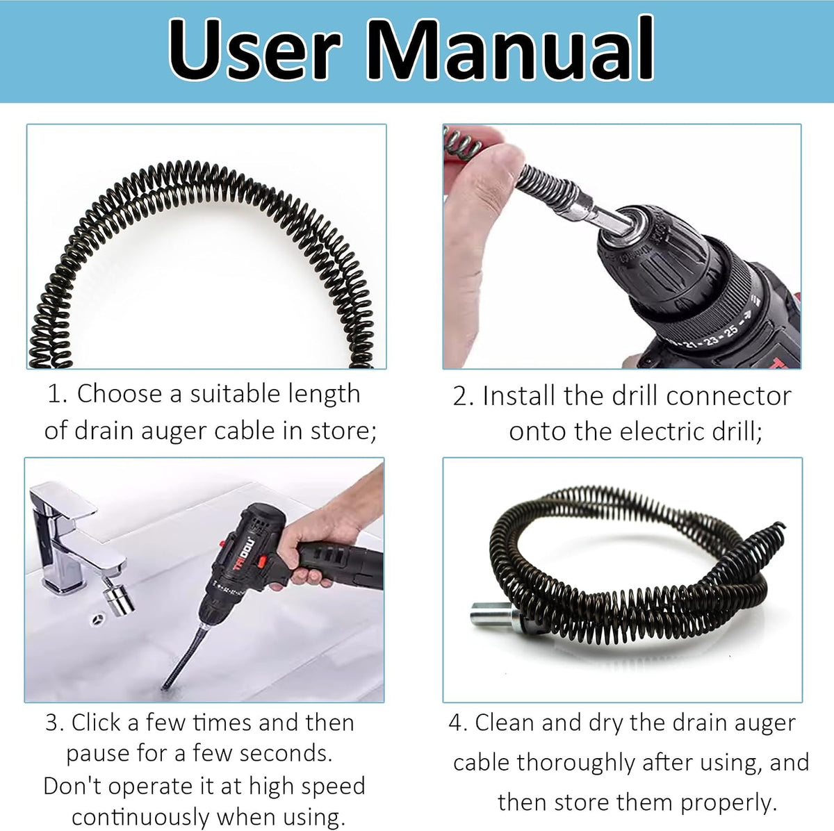 Electric Pipe Drain Dredging Device without Machine, 1 Count Toilet Clog Dredging Tool