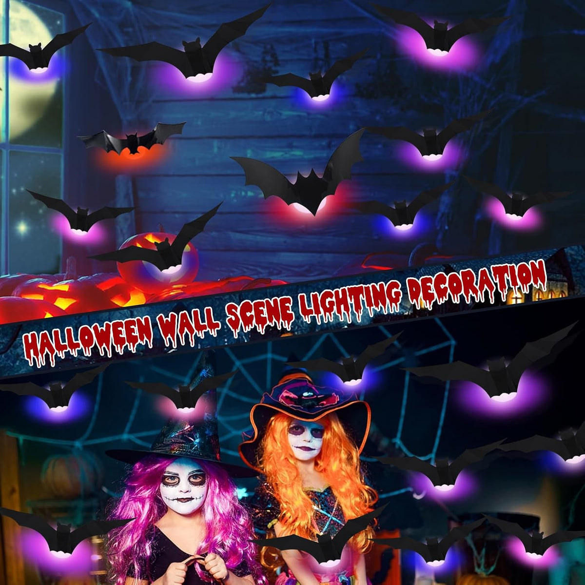 3D Bat Light LED Decorations, Halloween Spooky Ornaments, Bendable Wall Stickers