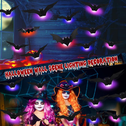 3D Bat Light LED Decorations, Halloween Spooky Ornaments, Bendable Wall Stickers