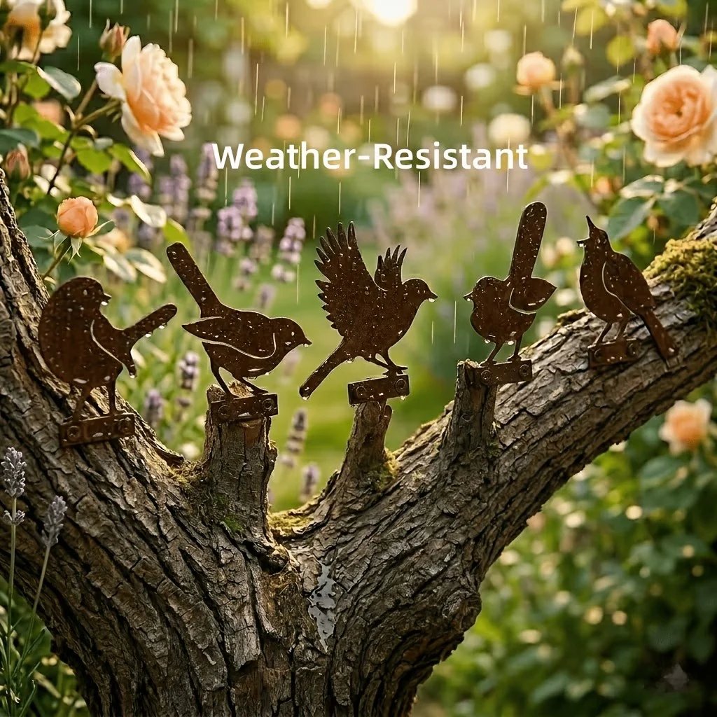 5-Piece Lifelike Rusty Metal Bird Silhouettes Garden Art