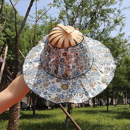 Foldable Bamboo Sun Hat UPF50+ Wide Brim Floral Outdoor Fishing Garden UV Protection Hat