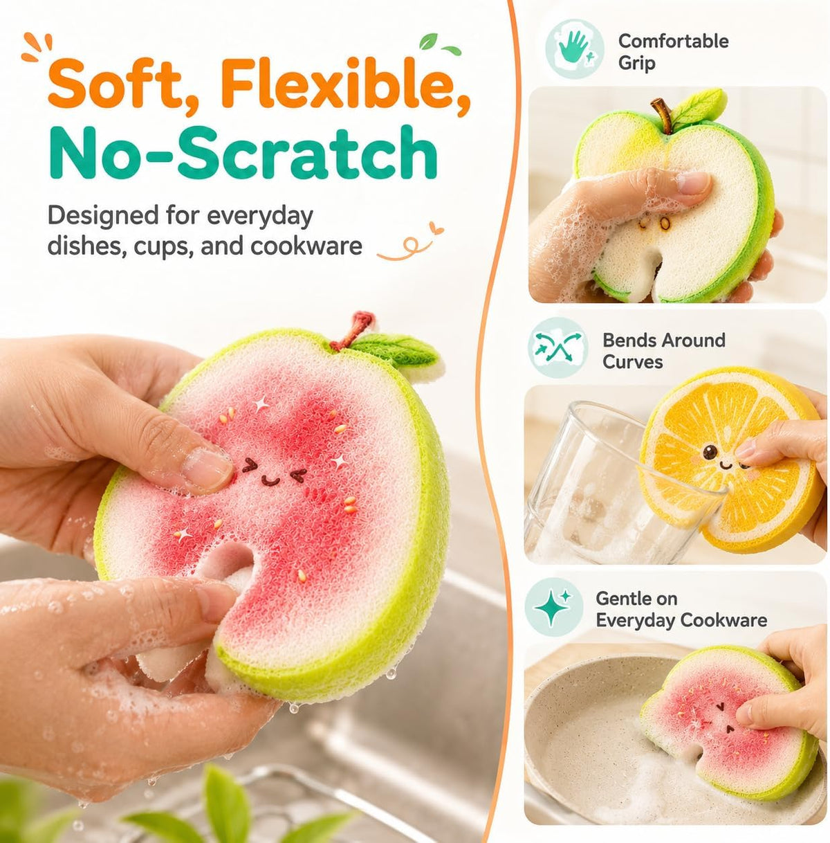Compressed Cellulose Sponges - 3-Pack Fruit-Shaped Natural Pop-Up Kitchen Sponges