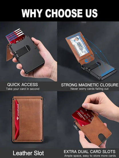 70K+ SOLD!-Wallet for Men - with Pop Up Aluminum Case Money Clip Slim Leather Slots Credit Card Holder RFID Blocking Bifold Minimalist Wallet