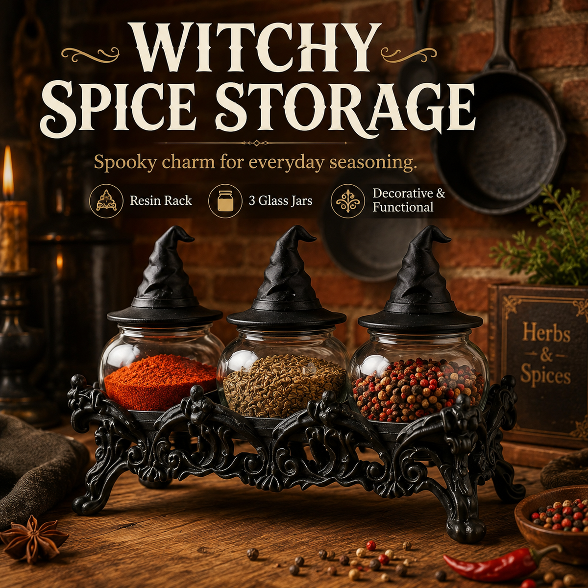 2026 HOT SALE50K+ SOLD Witch-Hat Gothic Spice Jar Set Ornate Resin Rack with 3 Glass Jars