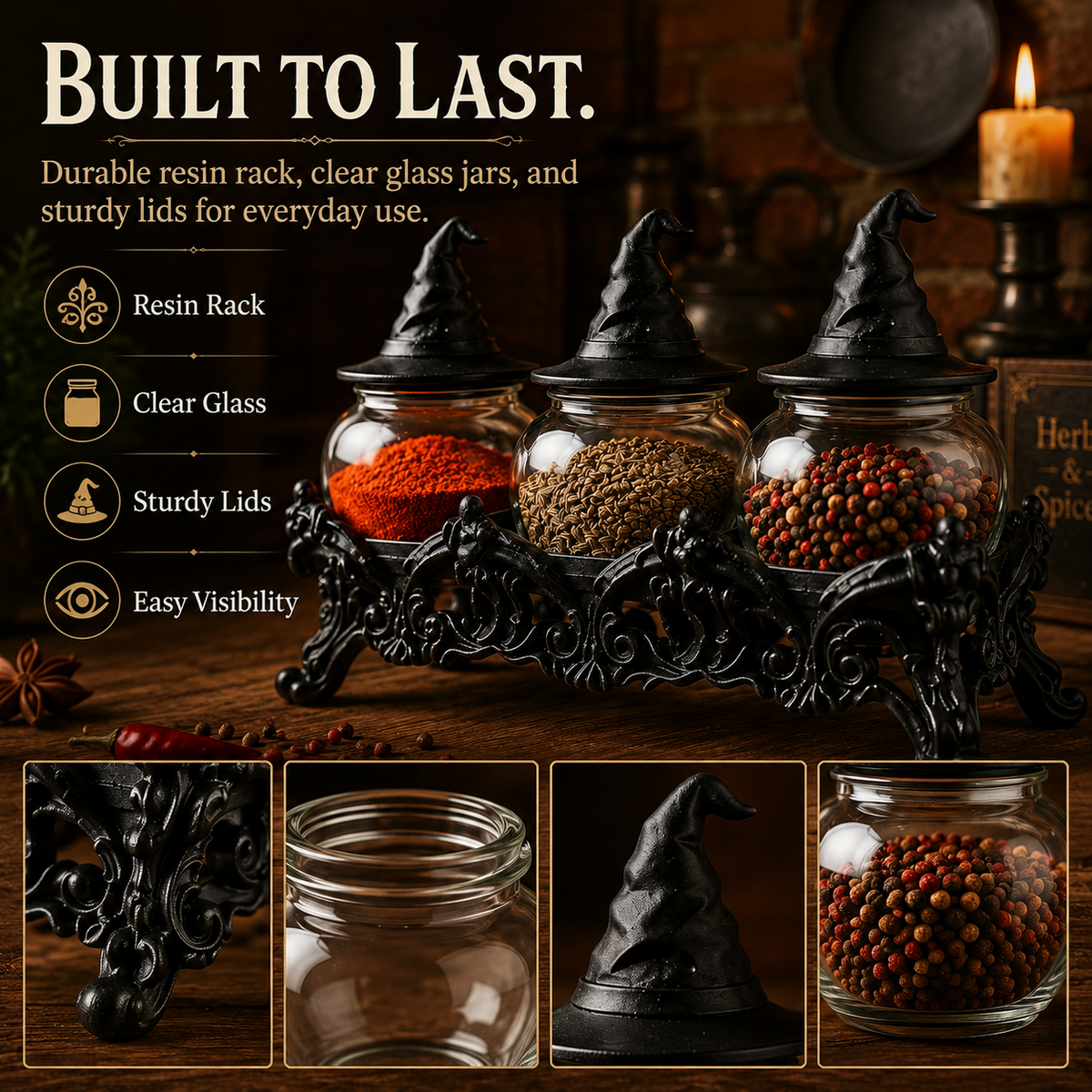 2026 HOT SALE50K+ SOLD Witch-Hat Gothic Spice Jar Set Ornate Resin Rack with 3 Glass Jars