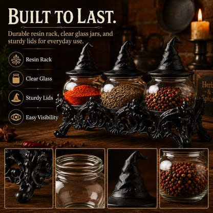 2026 HOT SALE50K+ SOLD Witch-Hat Gothic Spice Jar Set Ornate Resin Rack with 3 Glass Jars