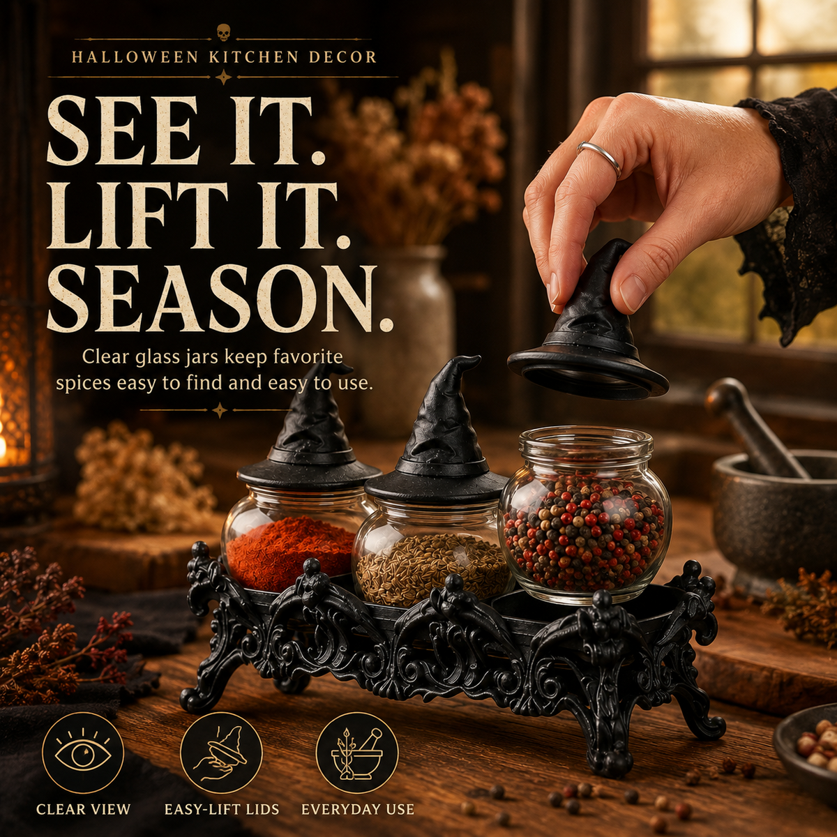 2026 HOT SALE50K+ SOLD Witch-Hat Gothic Spice Jar Set Ornate Resin Rack with 3 Glass Jars