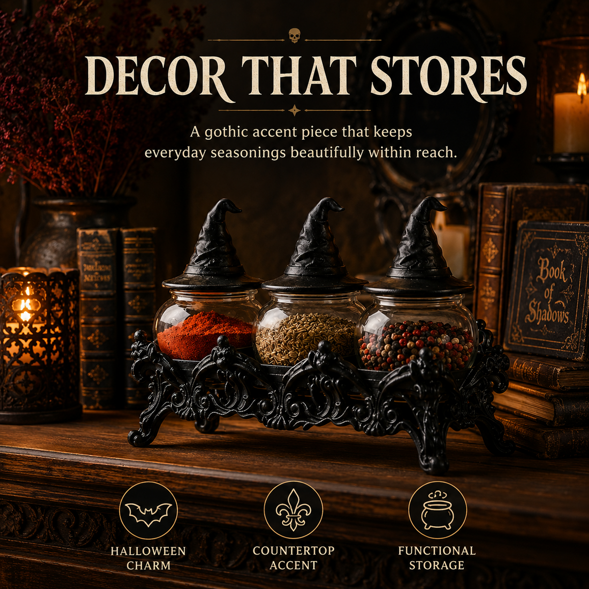 2026 HOT SALE50K+ SOLD Witch-Hat Gothic Spice Jar Set Ornate Resin Rack with 3 Glass Jars