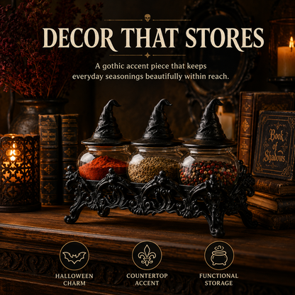 2026 HOT SALE50K+ SOLD Witch-Hat Gothic Spice Jar Set Ornate Resin Rack with 3 Glass Jars