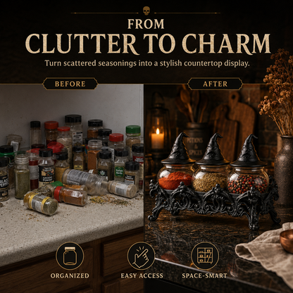 2026 HOT SALE50K+ SOLD Witch-Hat Gothic Spice Jar Set Ornate Resin Rack with 3 Glass Jars