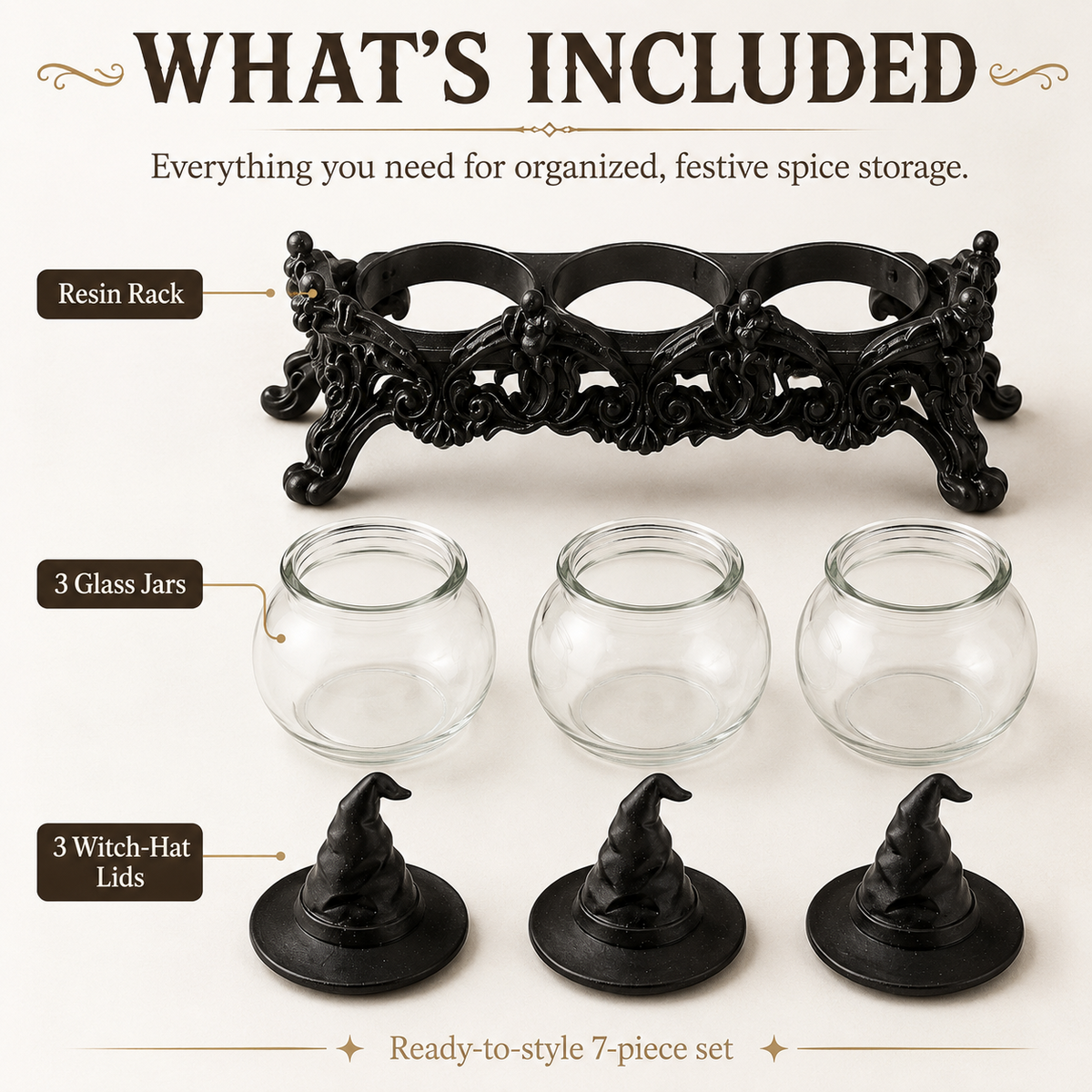 2026 HOT SALE50K+ SOLD Witch-Hat Gothic Spice Jar Set Ornate Resin Rack with 3 Glass Jars