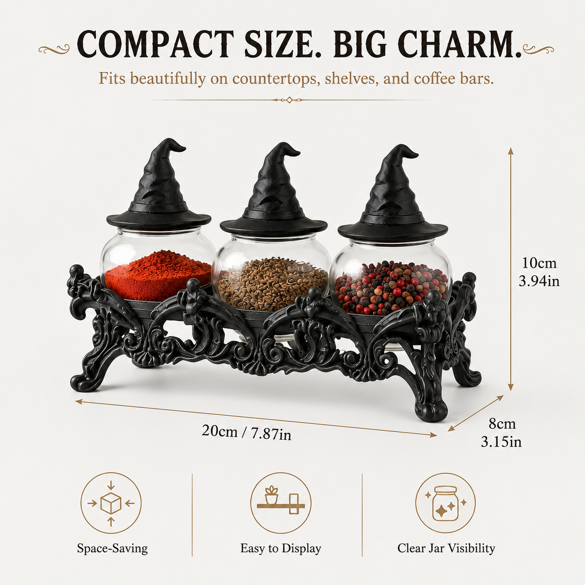 2026 HOT SALE50K+ SOLD Witch-Hat Gothic Spice Jar Set Ornate Resin Rack with 3 Glass Jars