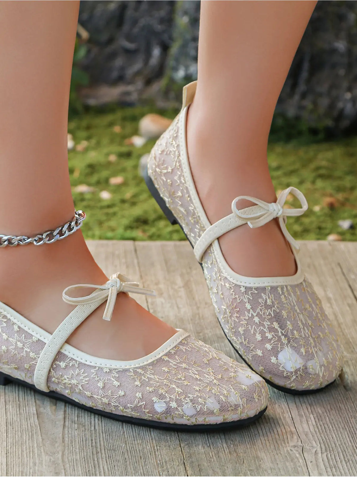 Women's Mesh Mary Jane Flats – Round Toe, Bow