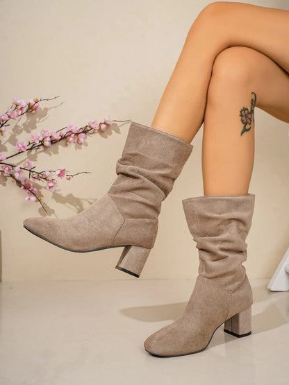Women's Velvet Mid-Calf Boots – Round Toe, Chunky Sole