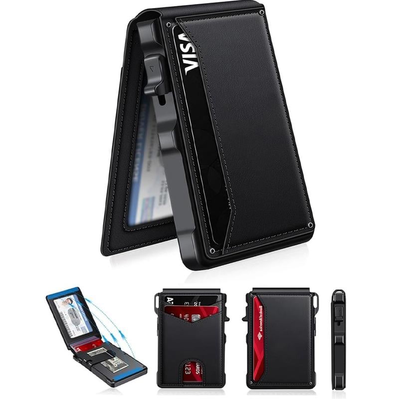 70K+ SOLD!-Wallet for Men - with Pop Up Aluminum Case Money Clip Slim Leather Slots Credit Card Holder RFID Blocking Bifold Minimalist Wallet