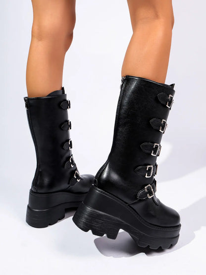 Women's Gothic Mid-Calf Boots – Chunky Sole, High Heel