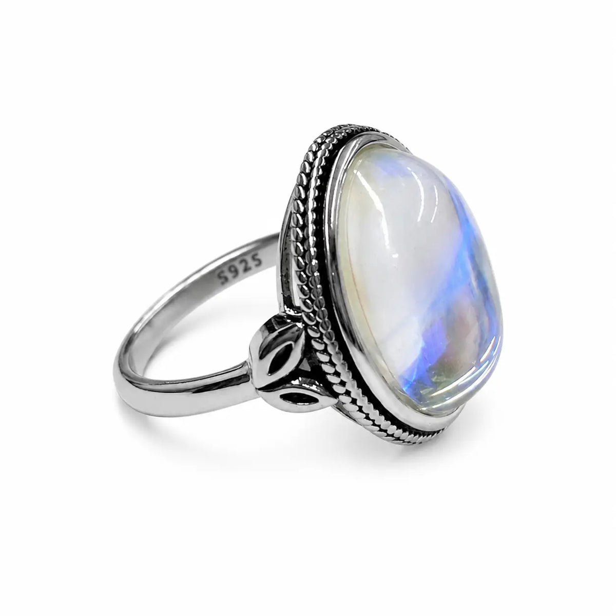 Vintage Rainbow Moonstone Ring-Oval Cabochon Filigree Jewelry