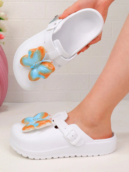 Women's Butterfly Print EVA Clogs – Round Toe, Adjustable Strap