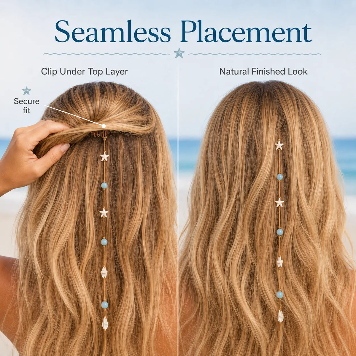 Beachy Mermaid Hair Accent Clip (Featuring blue bead accents, starfish, and shell charms)