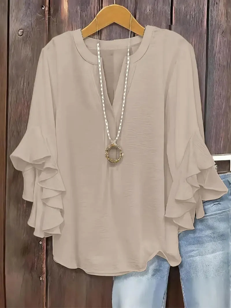 Plus Size Women's Ruffle Sleeve V-Neck Shirt, Elegant Floral Design, Comfortable and Stylish, Perfect for Casual Wear