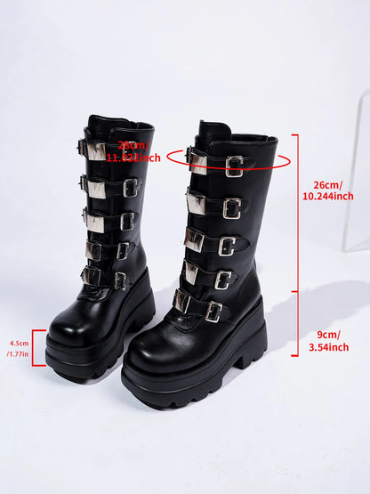Women's Gothic Mid-Calf Boots – Chunky Sole, High Heel