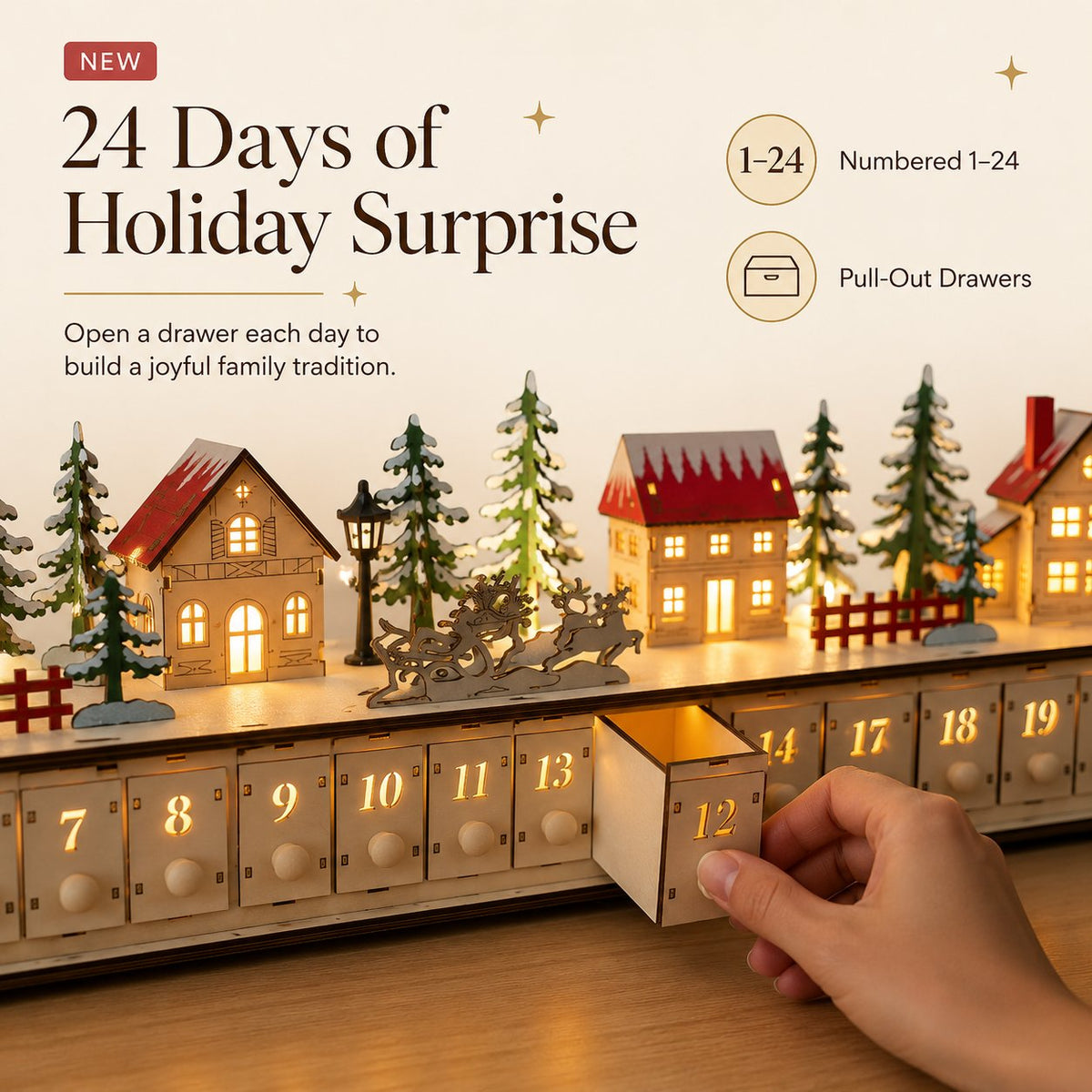 Christmas Magic Lighted Wooden Christmas Advent Calendar 24 Drawers for Festive Holiday Countdown