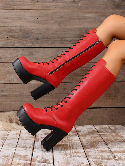 Women's Faux Leather Ankle Boots – Chunky Sole, Block Heel, Zip