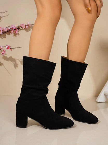 Women's Velvet Mid-Calf Boots – Round Toe, Chunky Sole