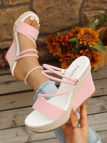 Women's Boho Faux Leather Wedge Sandals – Adjustable Strap