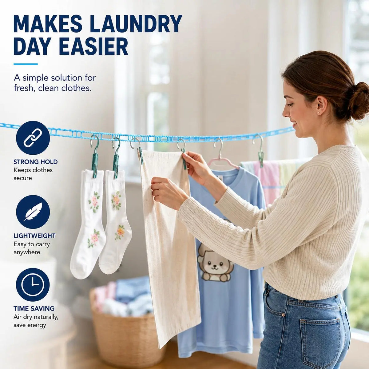 3 Roll Portable Clothesline – 196.85 Inch Adjustable Laundry Line, Windproof & Non-Slip