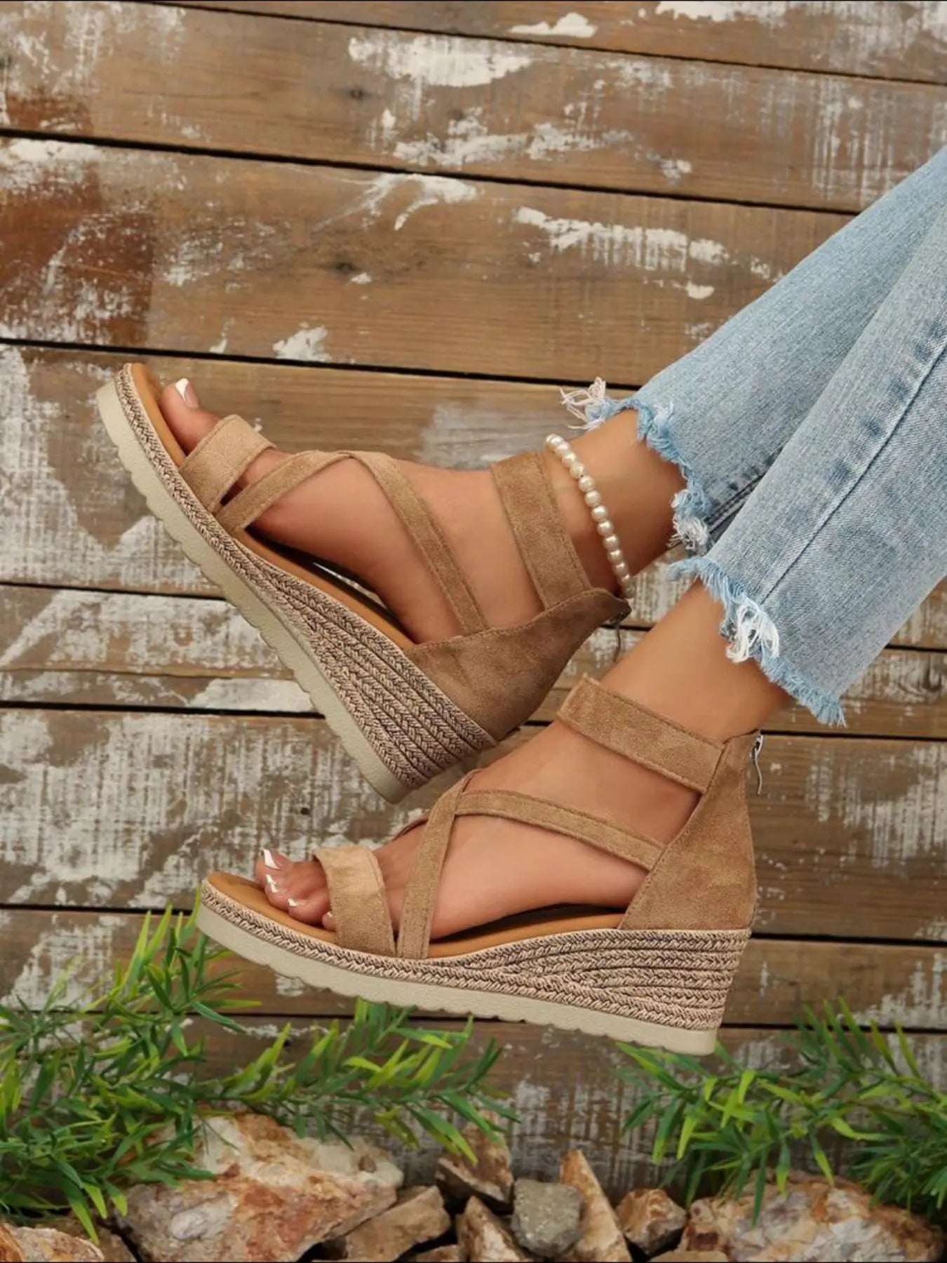 Women's Velvet Wedge Sandals – Chunky Sole, Cross-Strap