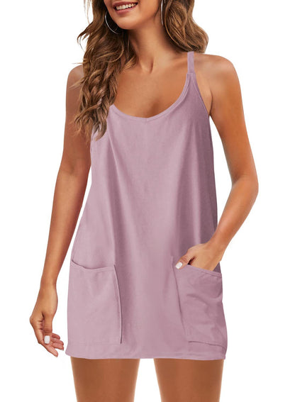 Women's Sleeveless Sports Dress - Athletic V-Neck Spaghetti Strap Mini Sundress